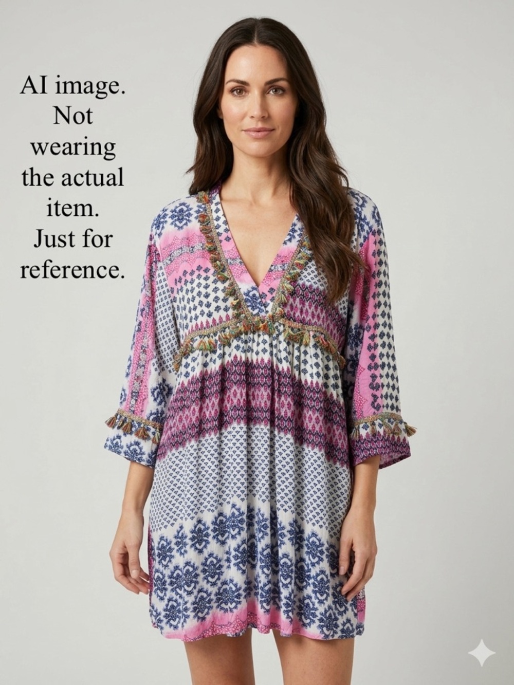Velzera Blouse Tunic Bohemian With a Deep V-Neckline and Tassels Accent Size M